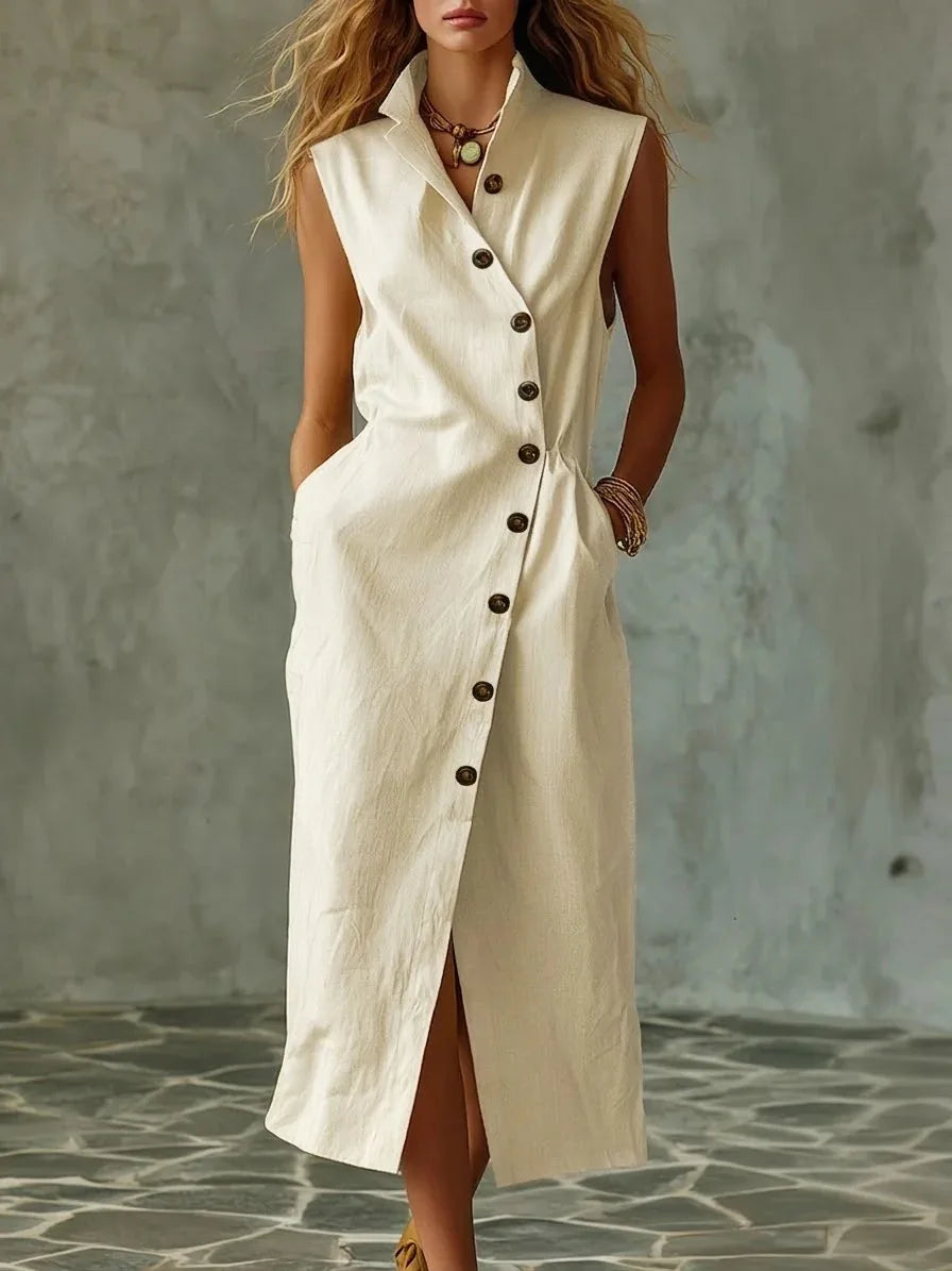 Women New Elegant Sundress Summer Single-breasted V Neck Sleeveless Long Dress Fashion Holiday Party Vestido Femme Casual Dress