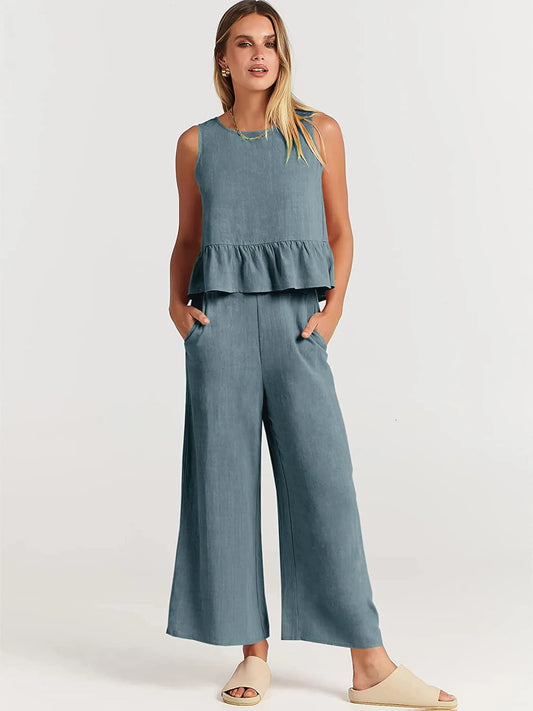 Women's New Summer Suit Solid Color Casual Sleeveless Pleated Round Neck Vest Button Wide Leg Nine-point Pants Two-piece Set