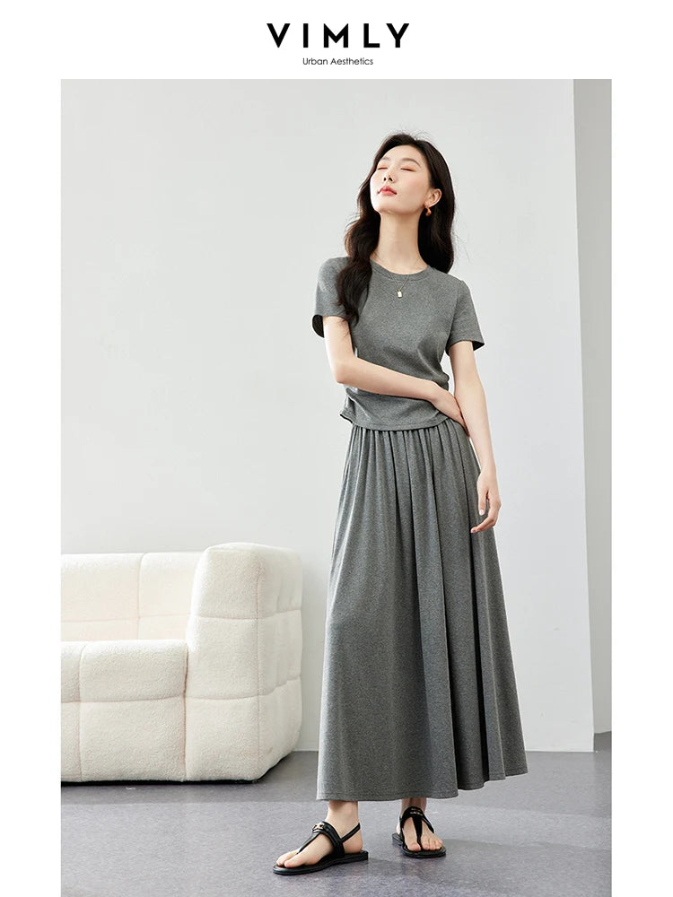 VIMLY Summer Sporty Casual Set Soft Air Cotton Short Sleeve Top Elastic Waist Loose Skirt Two Piece Solid Women Set Skirt M7669