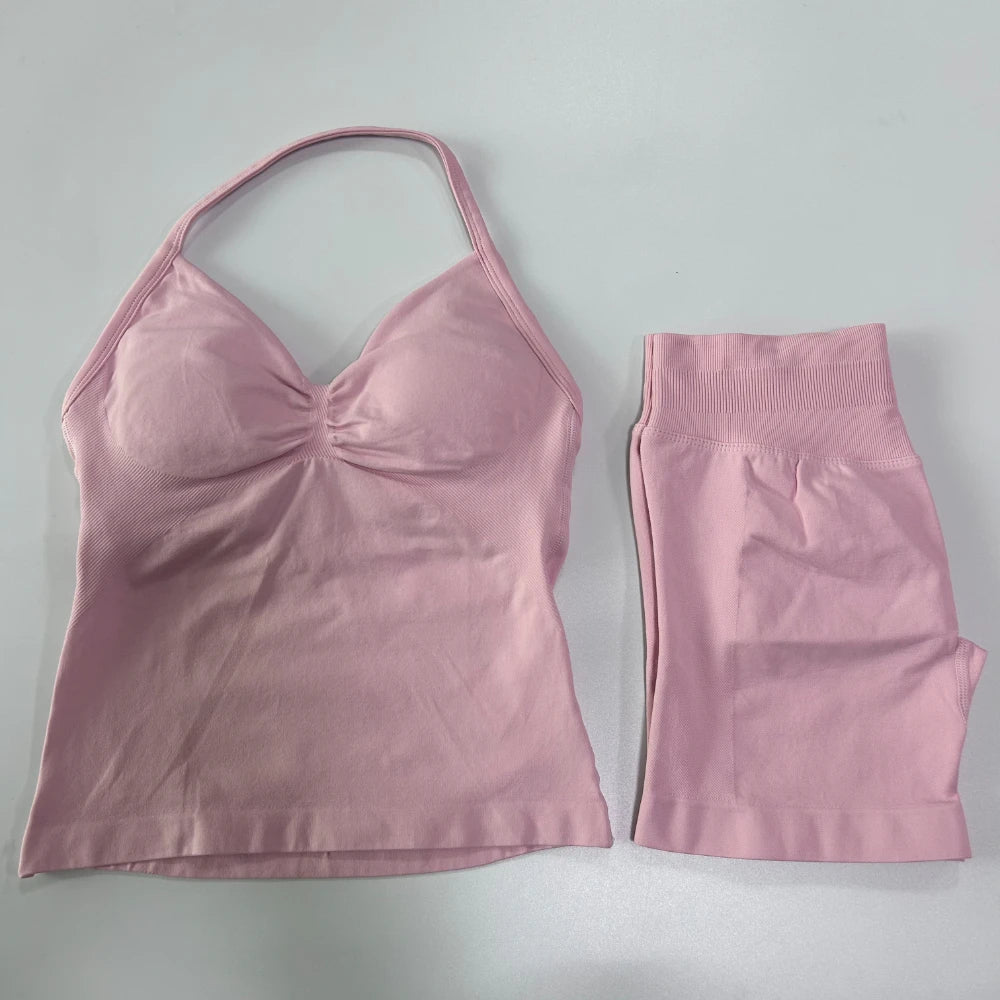 No Logo 2Pcs Gym Set Women Backless Tank Tops High Waist Scrunch Seamless Shorts Gym Suit Fitness Clothes Activewear Workout Set