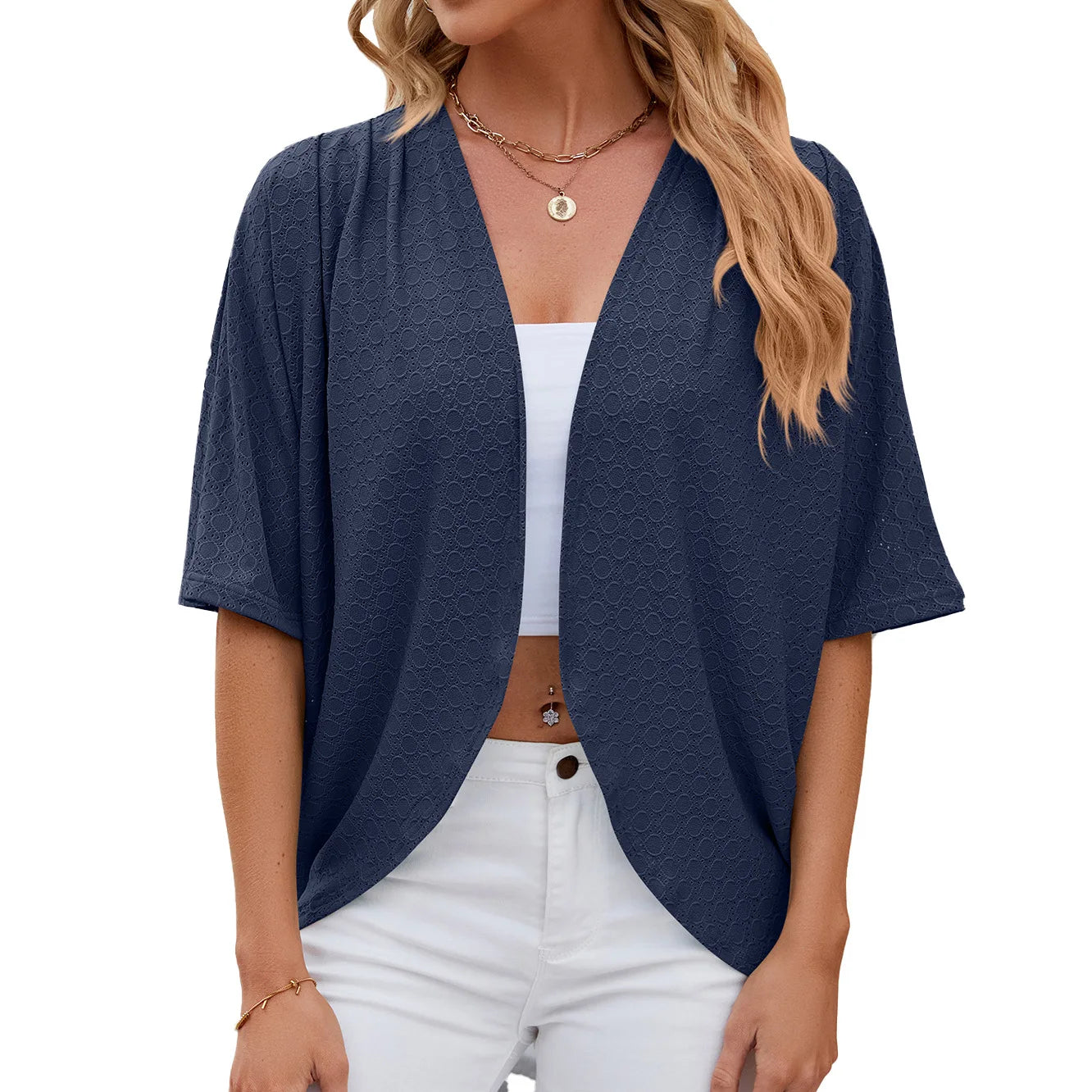 2026 New spring Summer Fashion Ladies Hollow Out Cardigan solid color circle short-sleeved casual loose top Women Outwear