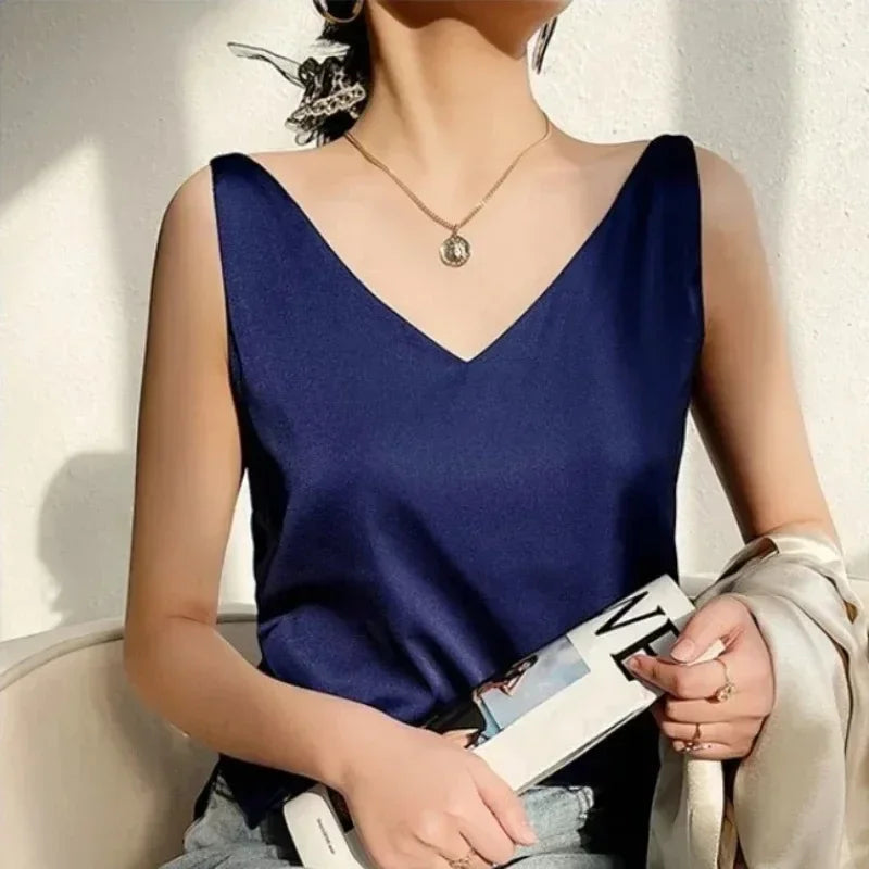 V-Neck Silk Vest Women's Summer Sleeveless Blouse With Acetic Acid Satin Top Sleeveless Bottoming Shirt