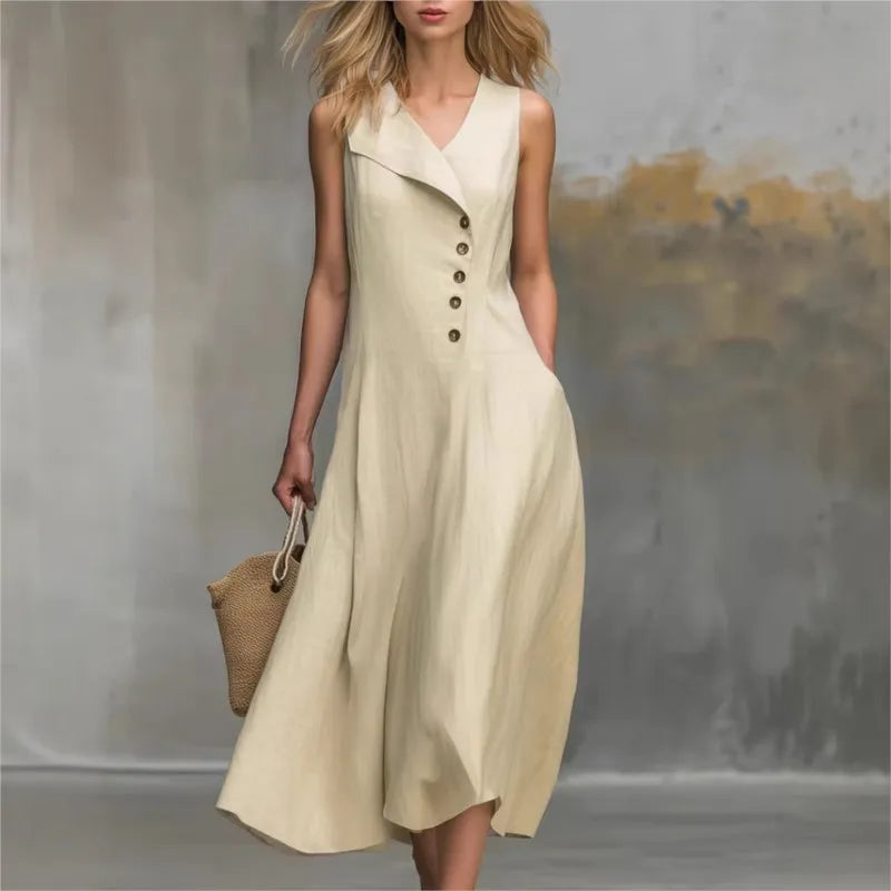 Women's Solid Color Lapel Buttons Maxi Dresses Summer With Pockets Sleeveless A-line Sundress Casual Loose Holiday Party Dress