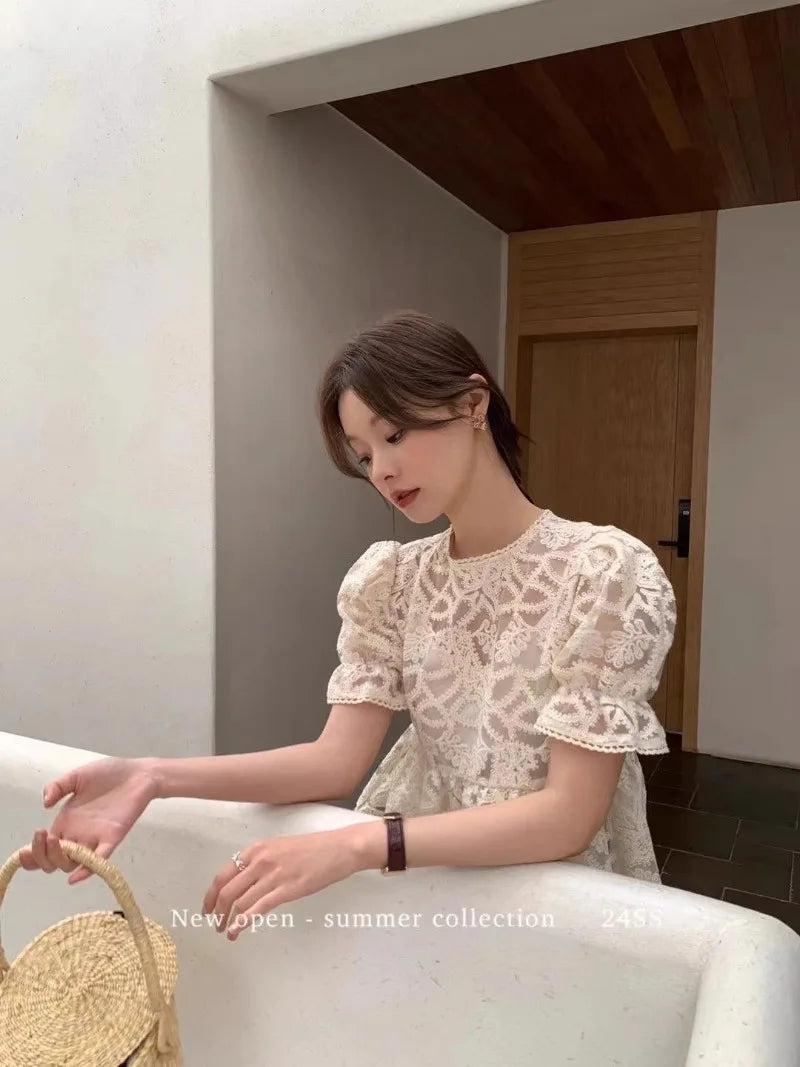 New Luxury High End Lace Two Piece Set Women Summer Fashion Hollow Out Embroidery Short Sleeve Patchwork Top + Slim Skirt Suit