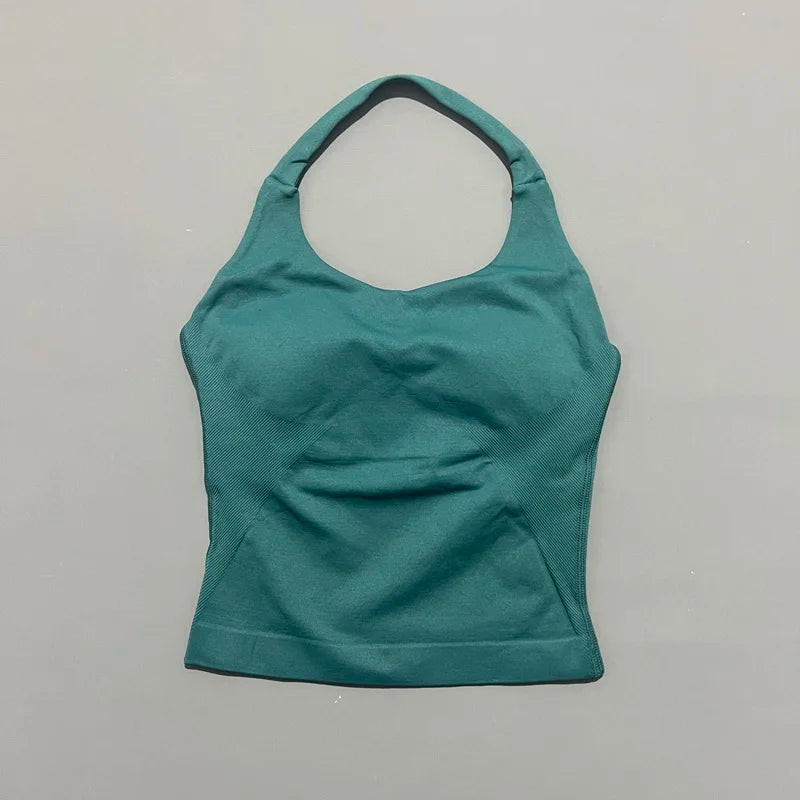 HISTELLO Impact Halter Top Seamless Longline Strappy Gym Tank Top Women Yoga Clothing Workout Fitness Sportswear Pilates Vest