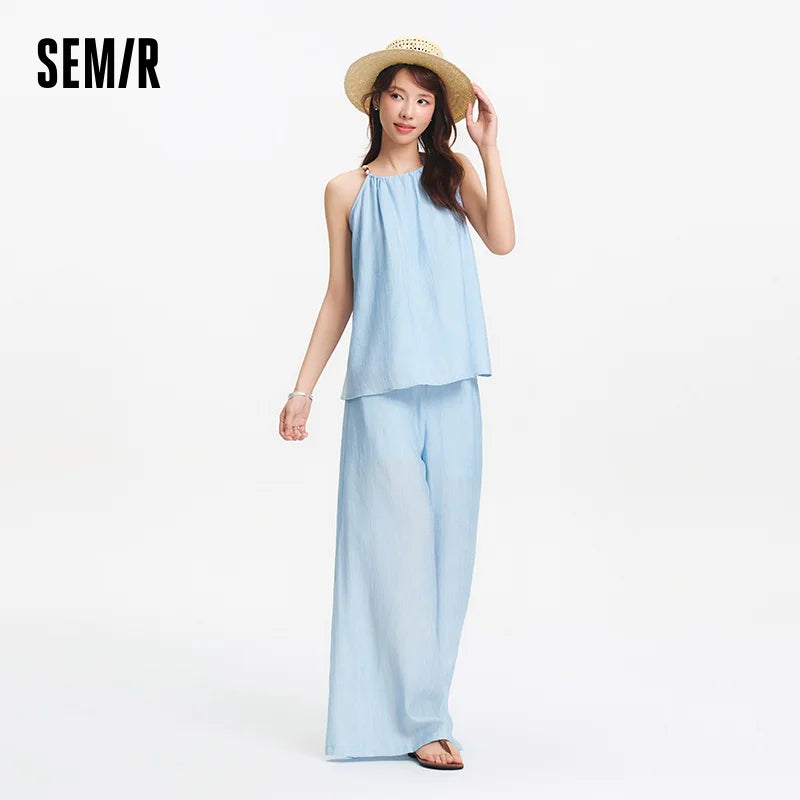 Semir Bowknot Strap Wide Leg Pants Set Women Summer New Linen Like Textured Two Piece Outfit for Vacation Style
