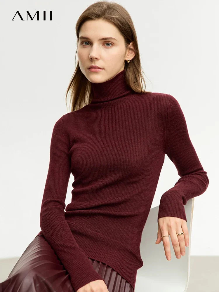 AMII Minimalism Sweater for Women 2026 Winter New Simple Slim Fit High Elastic Turtleneck Warm Solid Pullovers Female 12323075
