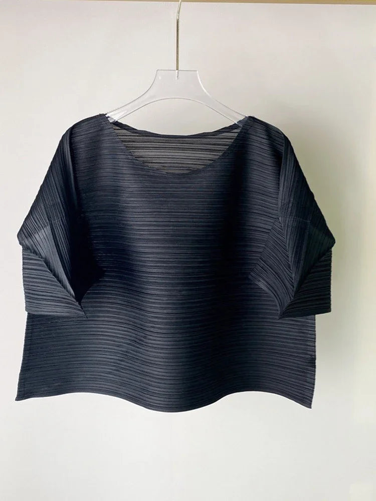 YUDX Pleated T-shirt For Women O-neck Flare Sleeves Solid Color Casual Tops Versatile Summer New Clothing
