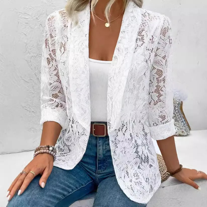 Summer White Lace Hollow Out Women's Coat Solid Open Stitch Blazers Outdoor Business Jackets Lightweight Office Ladies Coats