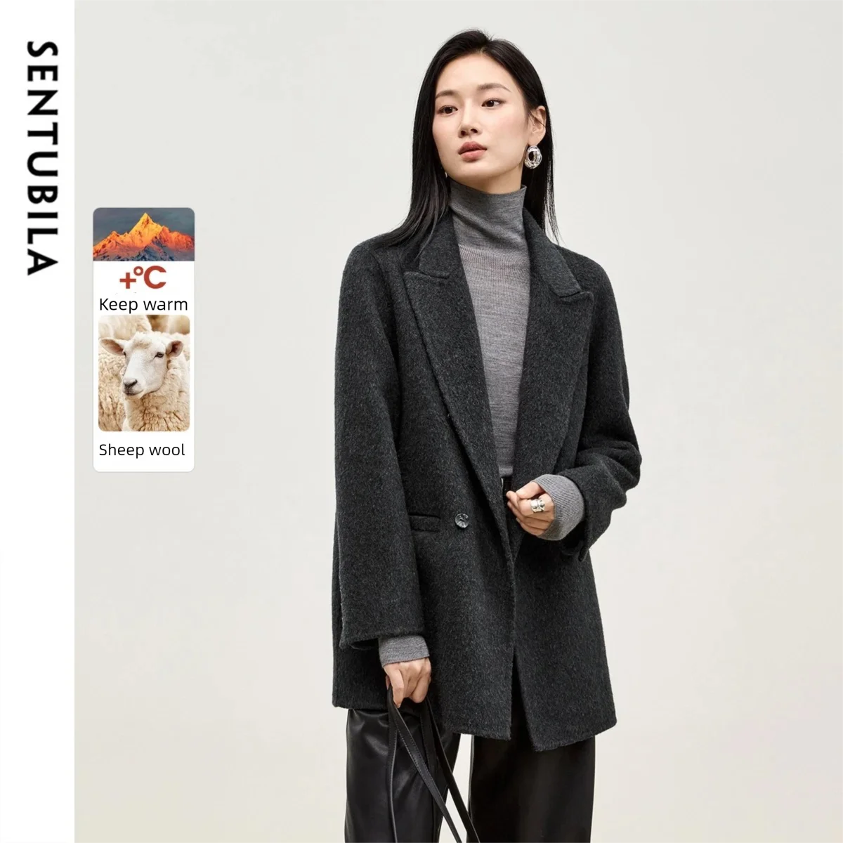 SENTUBILA Wool Blend Blazer Jacket Women 2025 Winter Warm Double Breasted Woolen Coat Woman Outerwear Female Clothing W44O56673