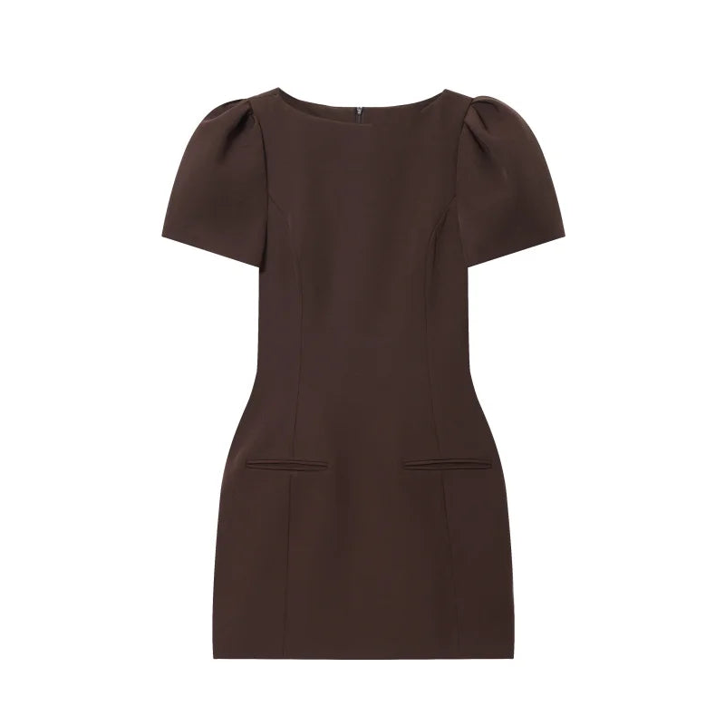 ETJ women's new products are elegant and stylish Short dress with a boat neck and short sleeves with pleats  black dress