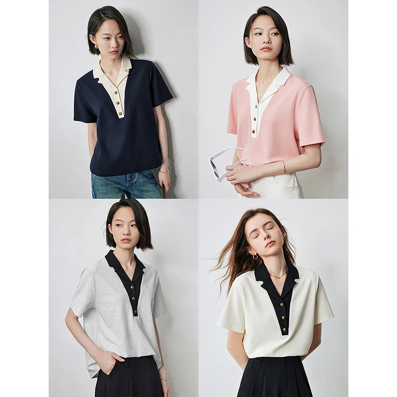TOYOUTH Women Contrasting Colors POLO Collar T-shirt Summer New Short Sleeved Top