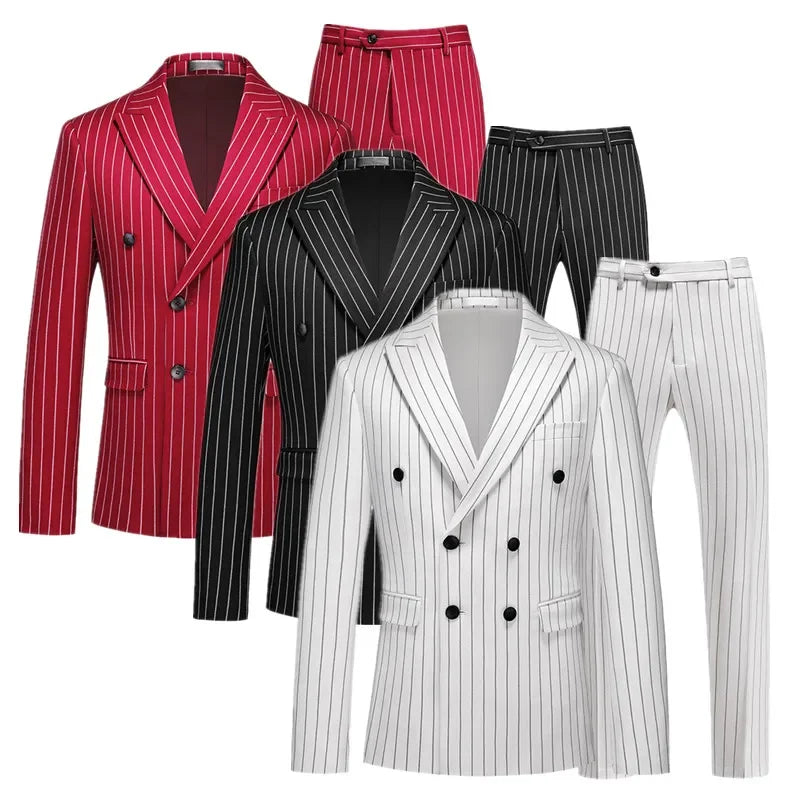 Fashion Men Double Breasted Striped Suit 2 Piece Black / Wine Red Party Blazers and Trousers