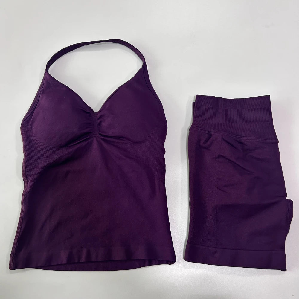 No Logo 2Pcs Gym Set Women Backless Tank Tops High Waist Scrunch Seamless Shorts Gym Suit Fitness Clothes Activewear Workout Set