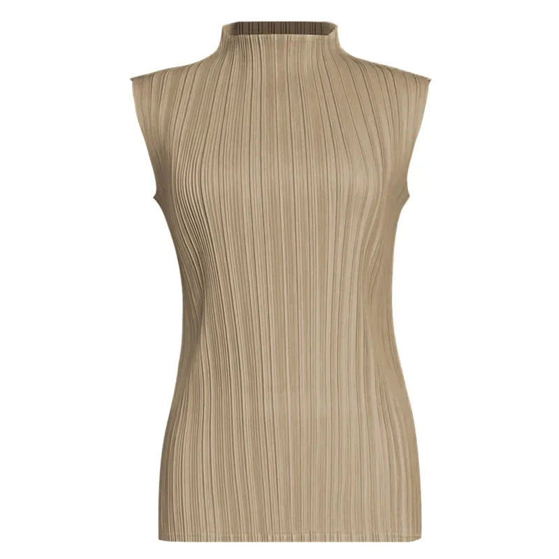 Miyake Pleated Elegant Fashion Temperament Solid Color Half High Neck Sleeveless Women's Vest 2023 Summer New Breathable Top