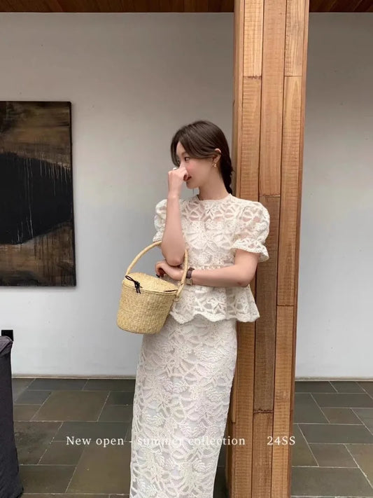 New Luxury High End Lace Two Piece Set Women Summer Fashion Hollow Out Embroidery Short Sleeve Patchwork Top + Slim Skirt Suit