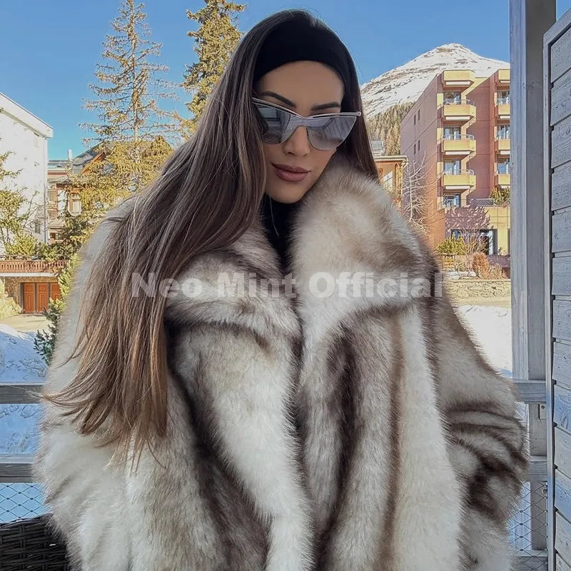 Neo Mint 2025 Winter Exclusive Striped Faux Fur Jacket Women Overcoat Brand Blogger Fashion Fluffy Fox Fur Collar Coat Outerwear