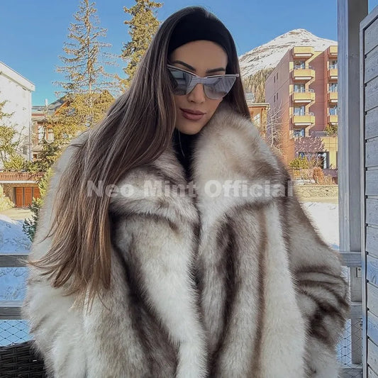Neo Mint 2025 Winter Exclusive Striped Faux Fur Jacket Women Overcoat Brand Blogger Fashion Fluffy Fox Fur Collar Coat Outerwear