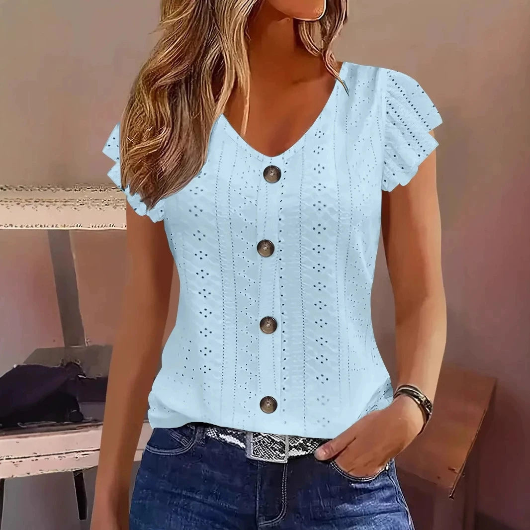 Spring/Summer new women's fashion stylish commute casual solid color multi-color ruffle sleeve V-neck T-shirt