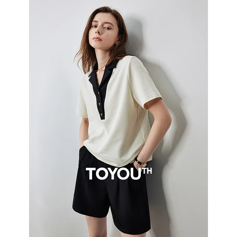 TOYOUTH Women Contrasting Colors POLO Collar T-shirt Summer New Short Sleeved Top