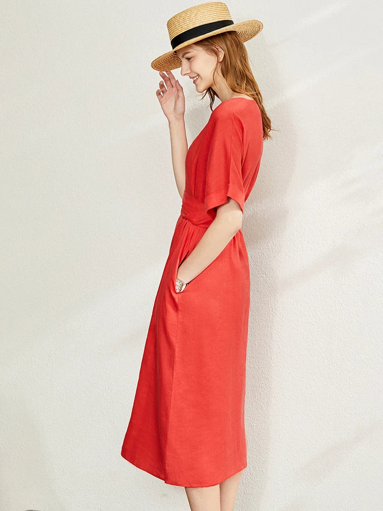 AMII Minimalist Women Dress 2023 Summer New 100% Linen Niche Fashion Artistic Temperament O-Neck Dresses Vestidos 12342278
