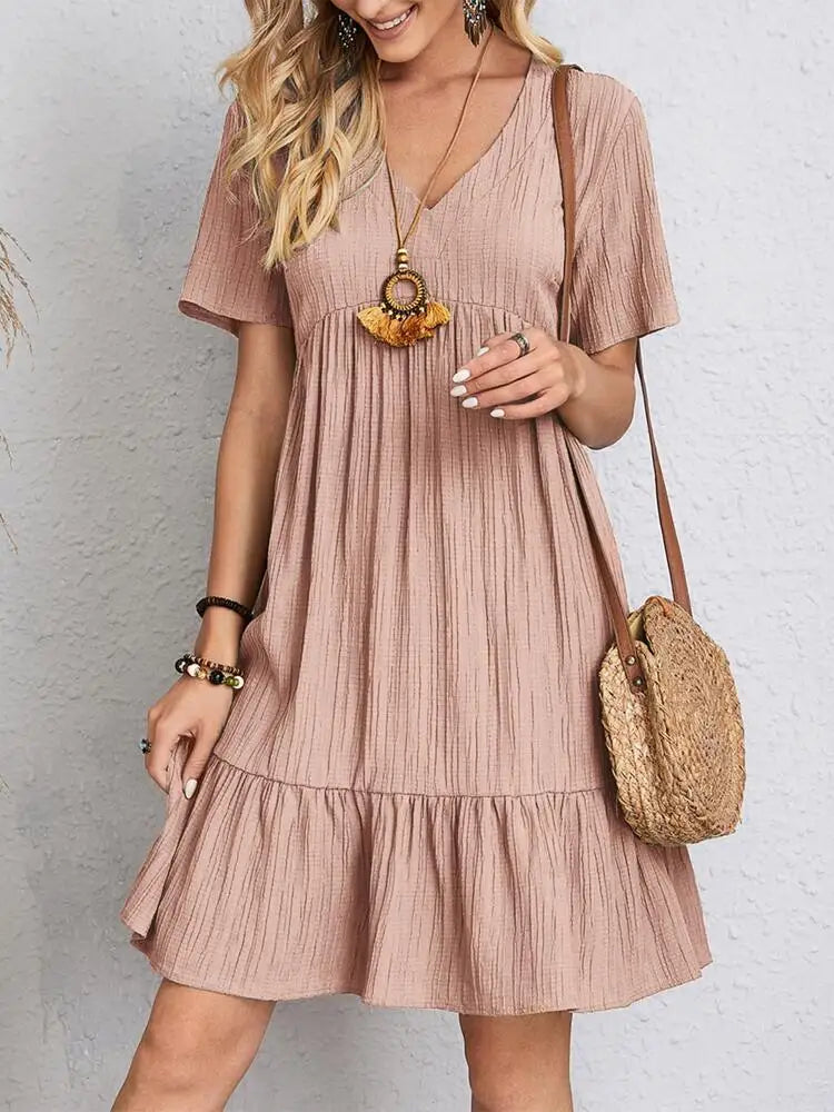 Elegant Solid V Neck A Line Dress New Summer Ruffles Loose Mini Dress Casual Short Sleeve Beach Party Vestidos Streetwear