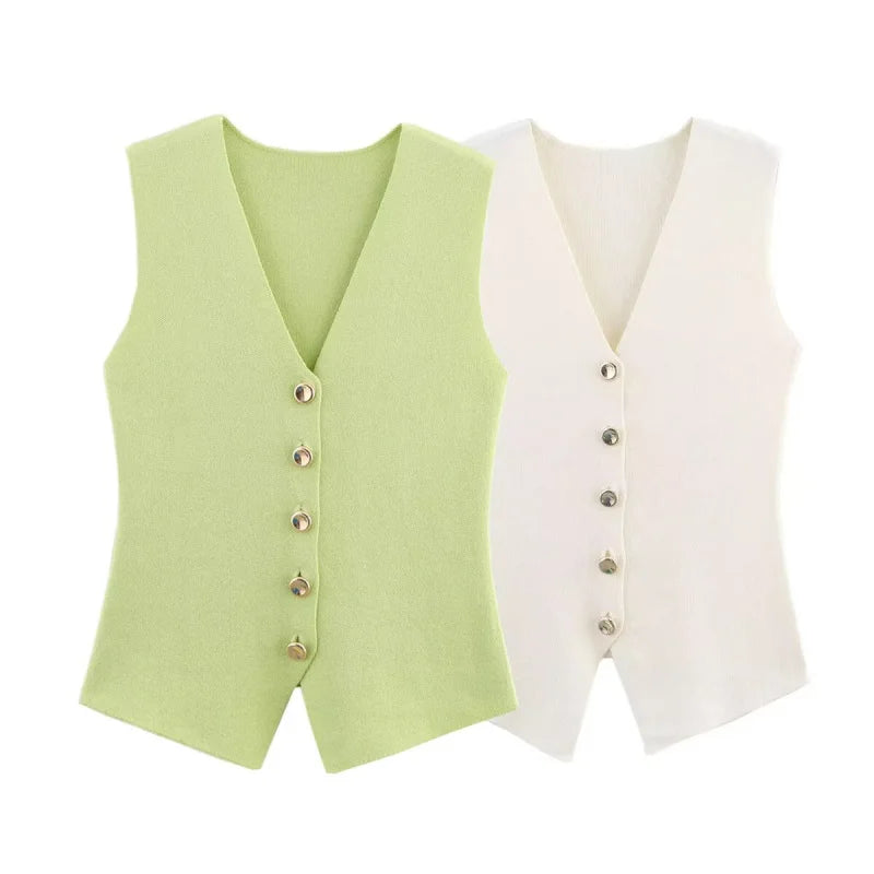 ETJ new women's elegant fashion all-match V-neck sleeveless vest jacket knitted waistcoat