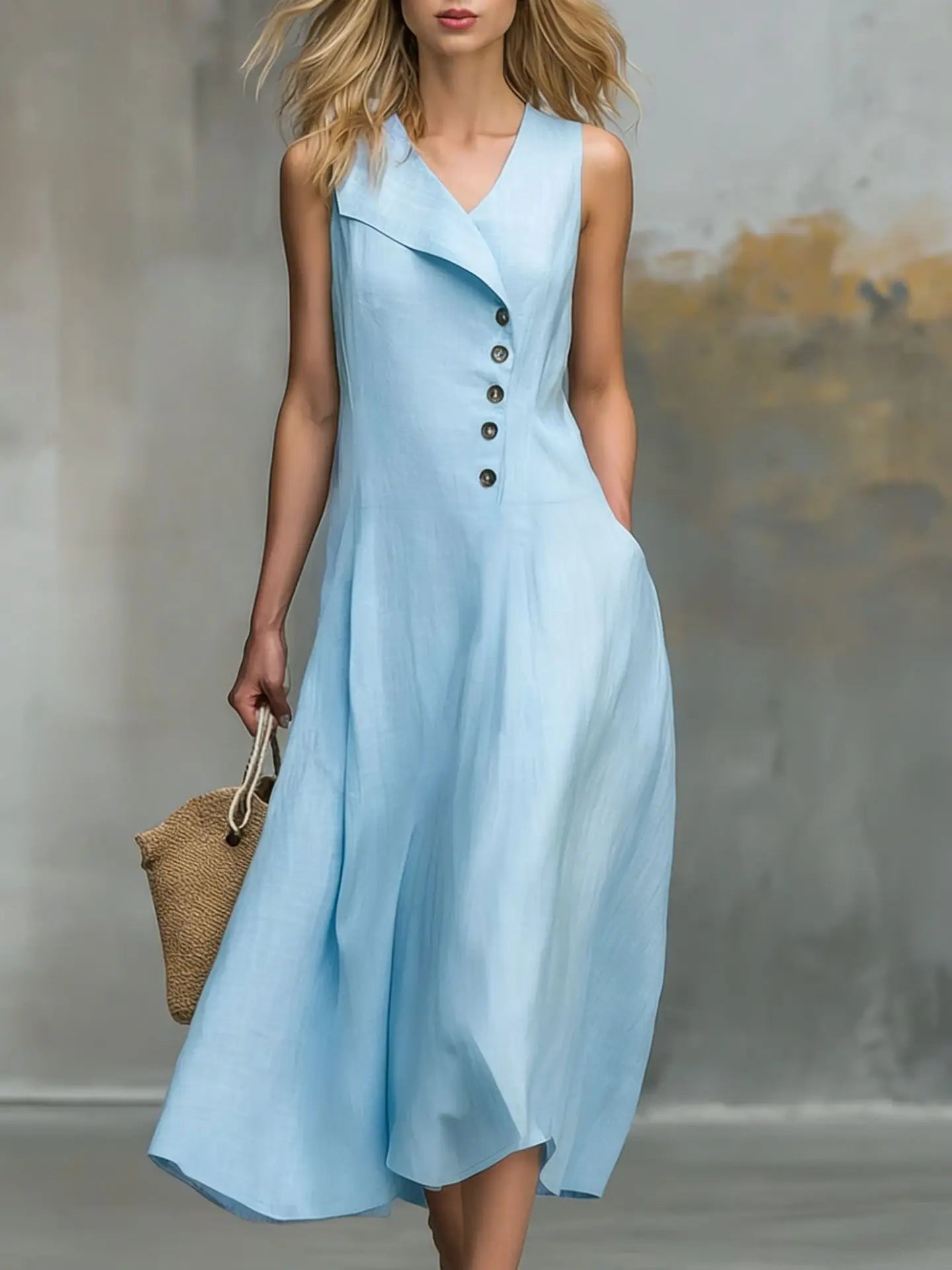 Women's Solid Color Lapel Buttons Maxi Dresses Summer With Pockets Sleeveless A-line Sundress Casual Loose Holiday Party Dress