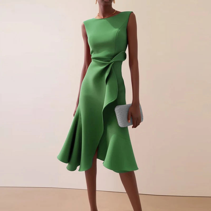 Vestidos Women Elegant O Neck Solid Commute Dress Spring Knot Slim Ruffle Irregular Dress Summer Sleeveless A-Line Party Dresses