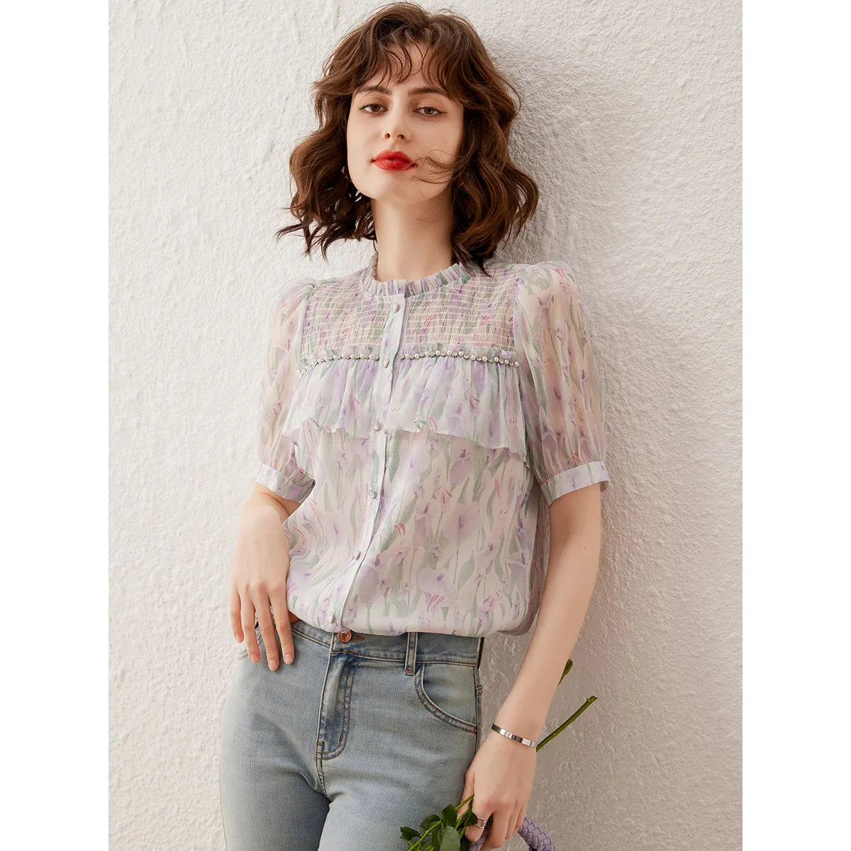 LOUIS YAO Women Shirt Elegant Print Beading Blouses Summer O Neck Short Sleeve Women's Top