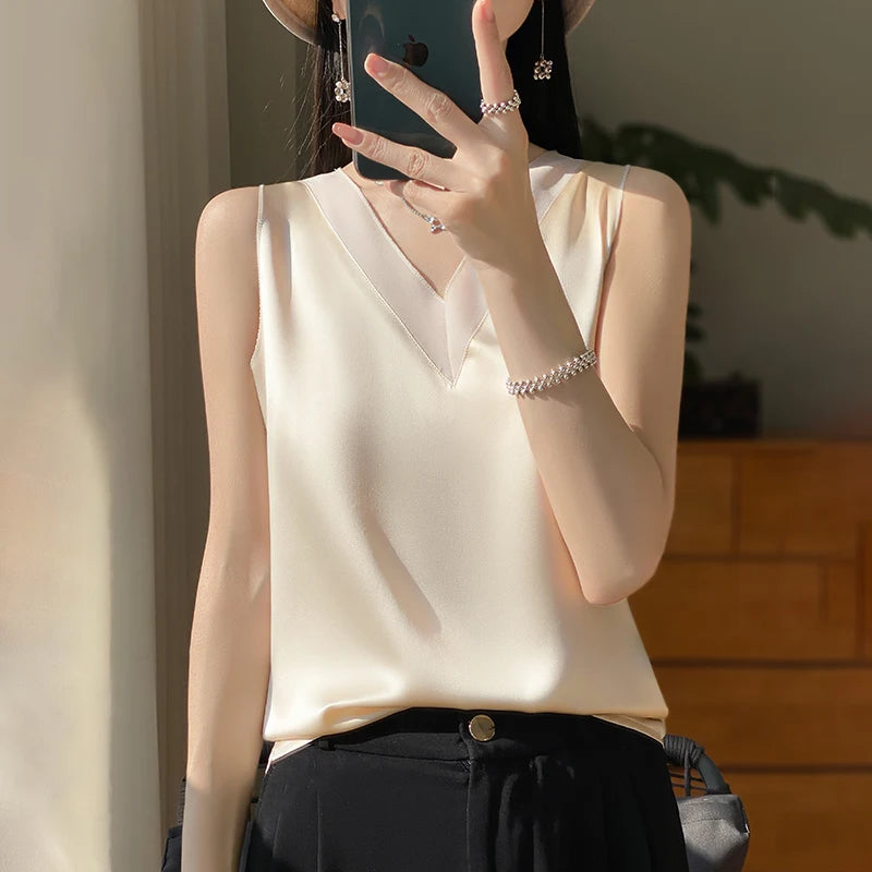 Silk Faux Thin Short Sleeve Tees All-Match Basic T-Shirt Slip Woman Summer Clothes Elegant Tops Solid Loose Casual Fashion
