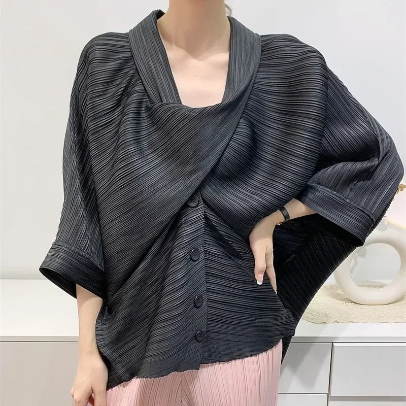 ALSEY Miyake Pleated Original Short Jacket for Women Spring Summer New Loose Casual Seven-minute Sleeve Scarf Collar Top