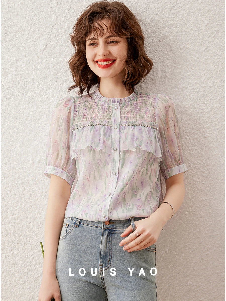 LOUIS YAO Women Shirt Elegant Print Beading Blouses Summer O Neck Short Sleeve Women's Top