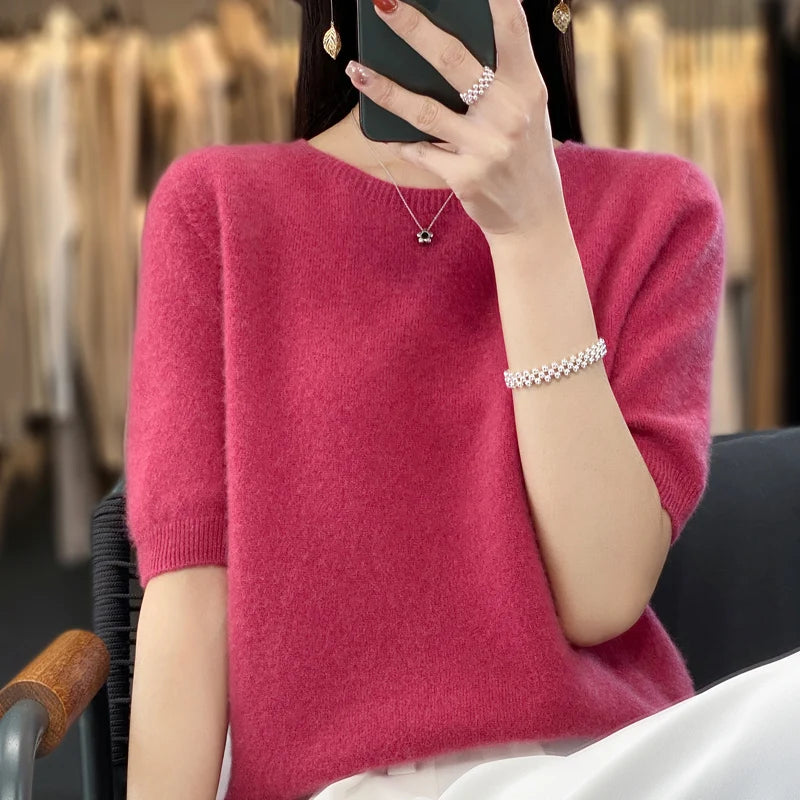 First-line ready-to-wear 100% Merino wool knitted short-sleeved women's loose solid color slim commuter five-point cuff T-shirt