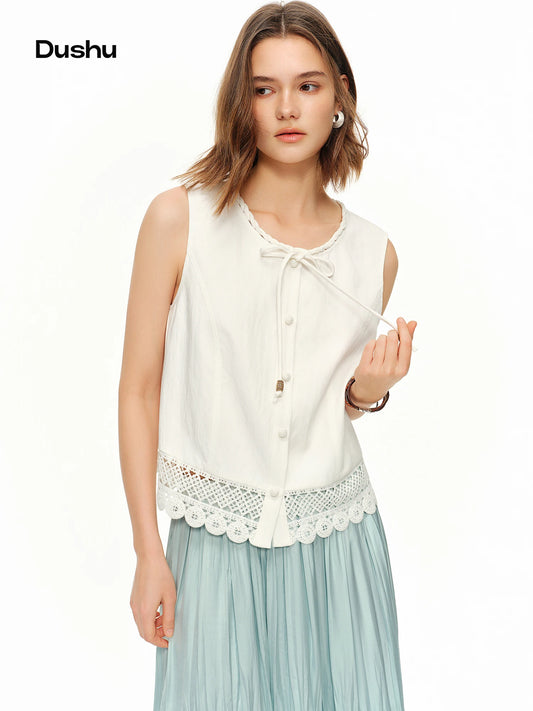 DUSHU Stylish Summer Women's Hand-Hooked Lace Resort Vest Top 2026 New Summer Arrival Fashion Collection White Sleeveless Shirts
