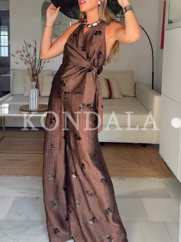 Women Elegant Bead Embroidered Pants Set KONDALA 2026 Summer Trendy Halter Vest,Wide-Leg Pants Lady High Street Holiday Pant Set