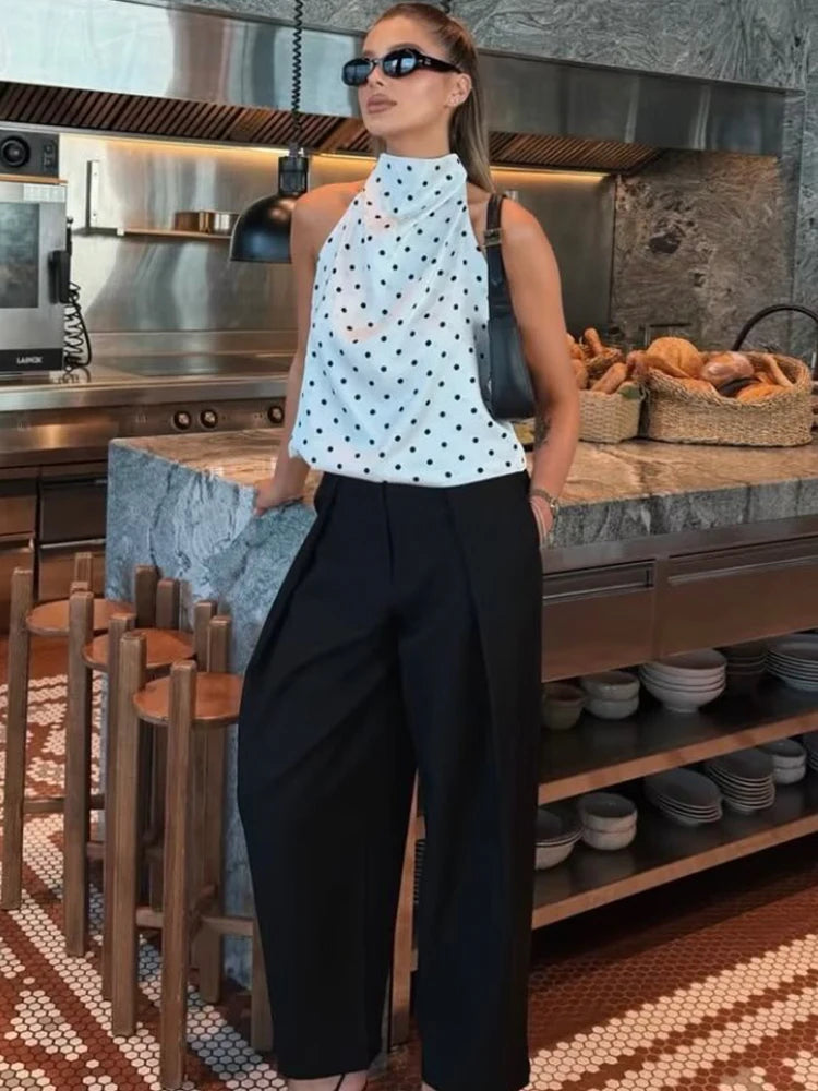 TFMLN Women's Polka Dot Print Halter Neck Top Sexy Off Shoulder Chic Dot Patterned Holiday Style Vest Summer Fashion Outfit