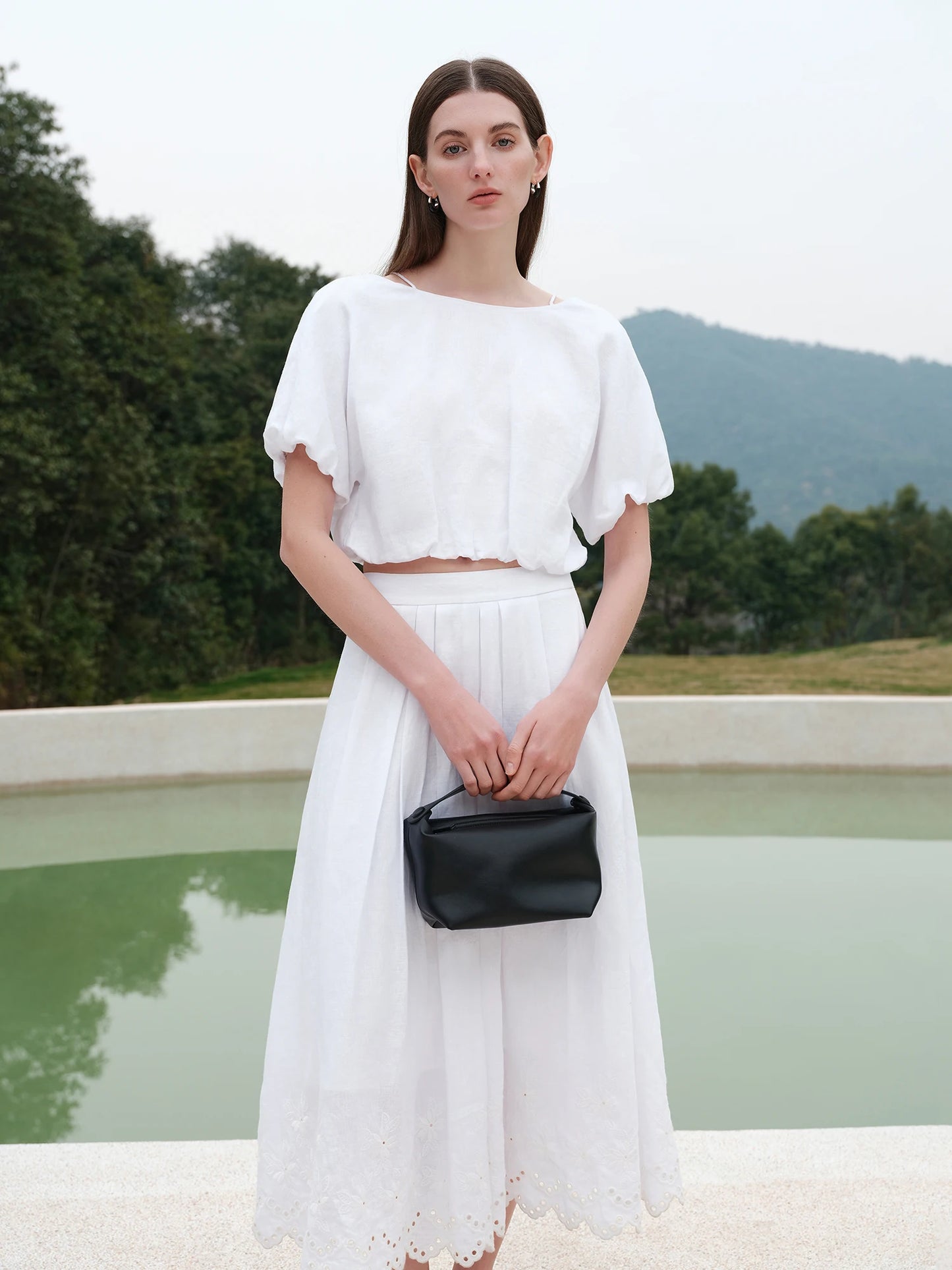 FSLE【Premium Series】Minimalist Style All-match Casual Set For Women Spring Summer New Linen Lace Short-sleeved Shirt Skirt