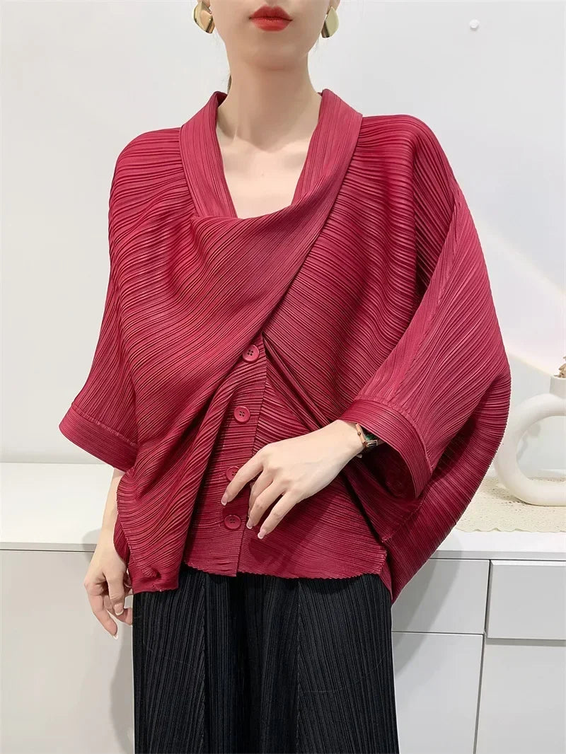 ALSEY Miyake Pleated Original Short Jacket for Women Spring Summer New Loose Casual Seven-minute Sleeve Scarf Collar Top