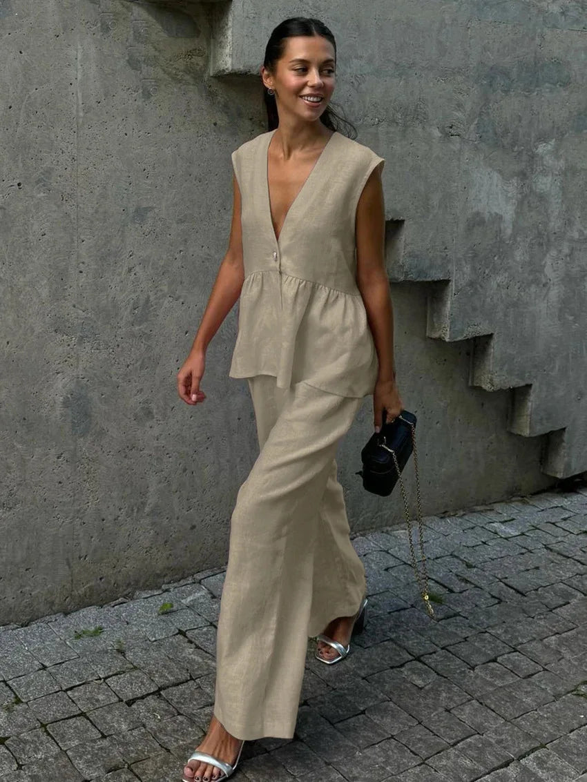2 pieces women sets 2026 Cotton V-neck sleeveless top vest+long pants new solid color two-piece sets women's clothing