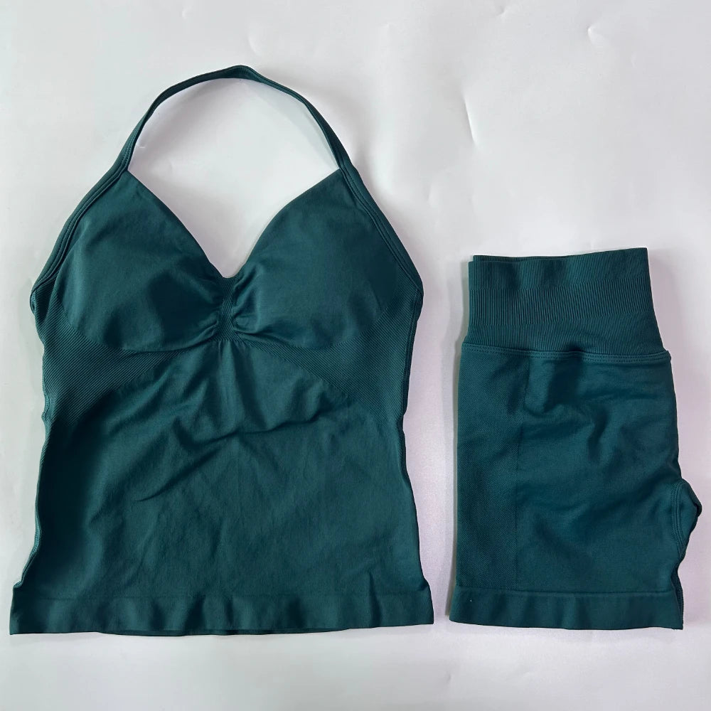 No Logo 2Pcs Gym Set Women Backless Tank Tops High Waist Scrunch Seamless Shorts Gym Suit Fitness Clothes Activewear Workout Set