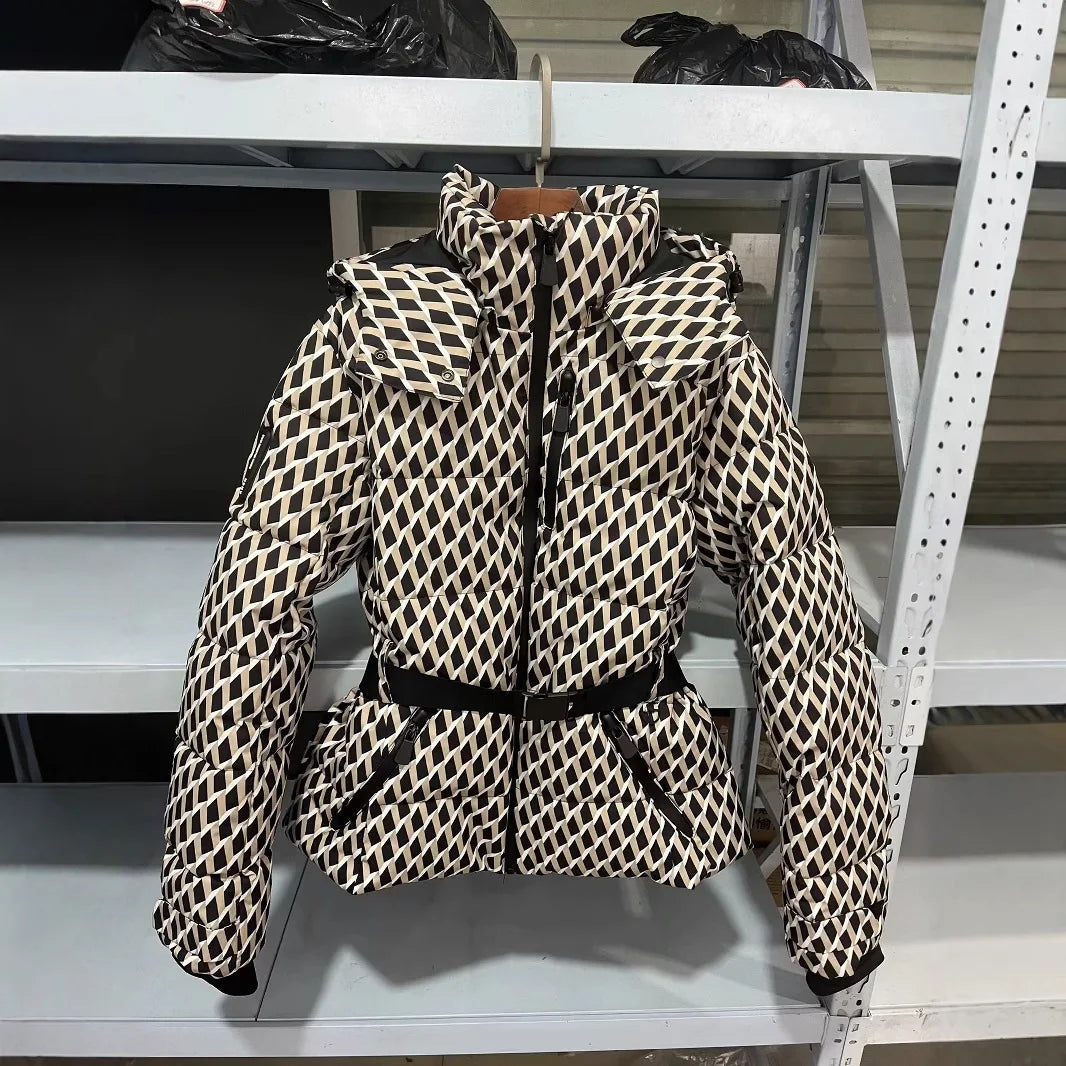 Winter Two Piece Skiing Set Hooded High Waist Padded Sport Parka Jacket Belt Female Thick Warm Pockets Windproof Skiing Pant