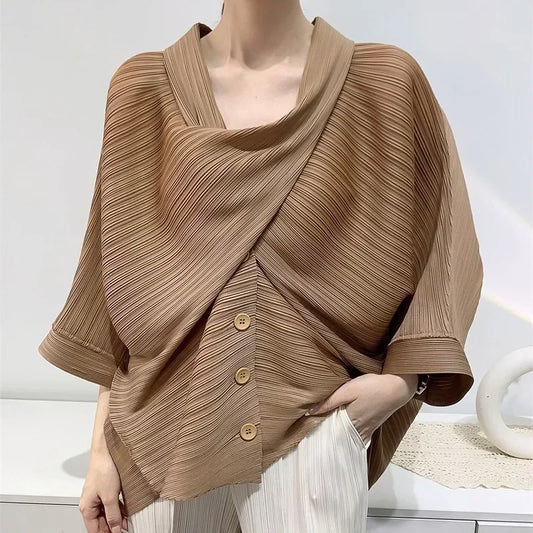 ALSEY Miyake Pleated Original Short Jacket for Women Spring Summer New Loose Casual Seven-minute Sleeve Scarf Collar Top