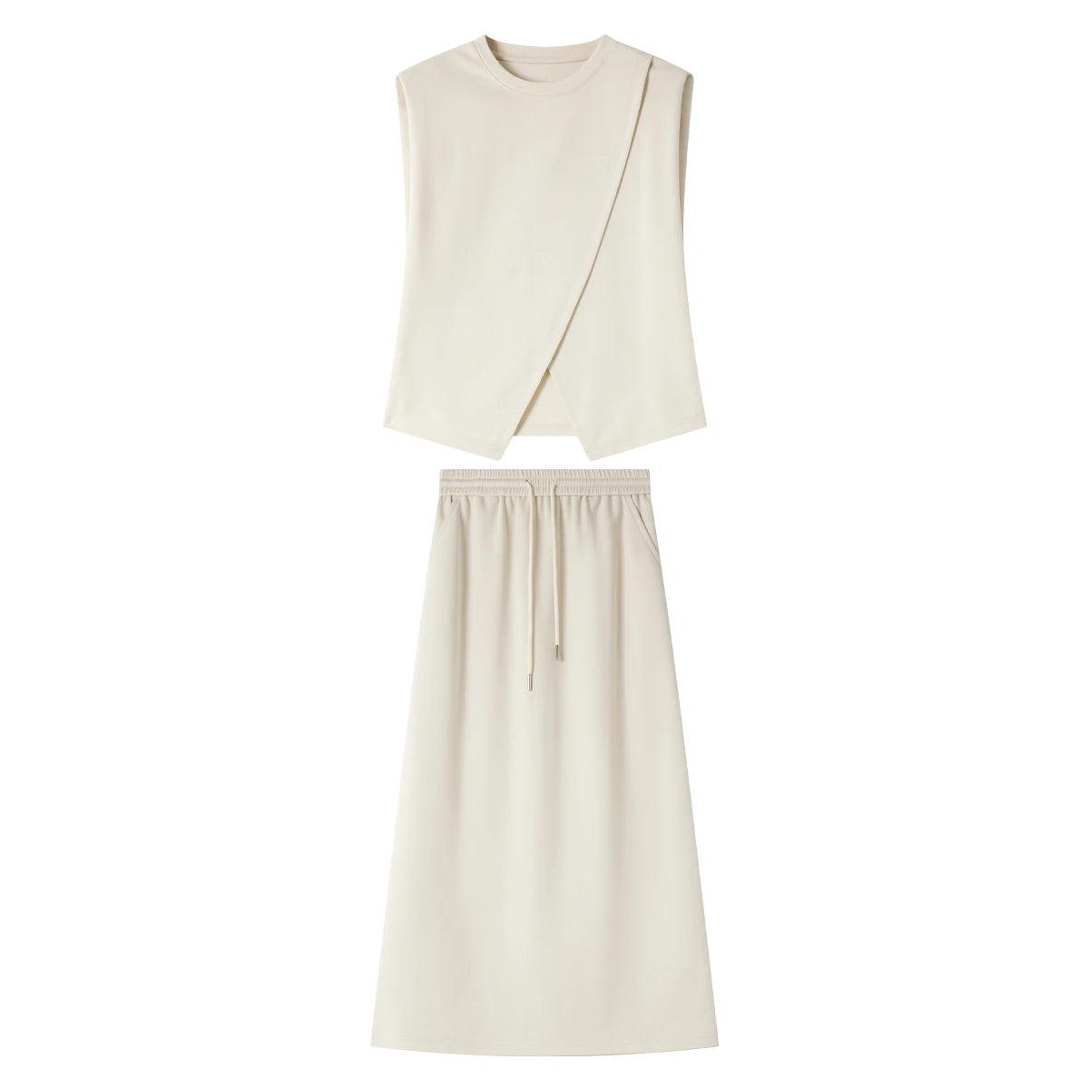 VIMLY Women's Summer Skirt Suit 2026 Office Lady Irregular Sleeveless Tops T-Shirt Straight Skirt Casual Simple Outfits M9656