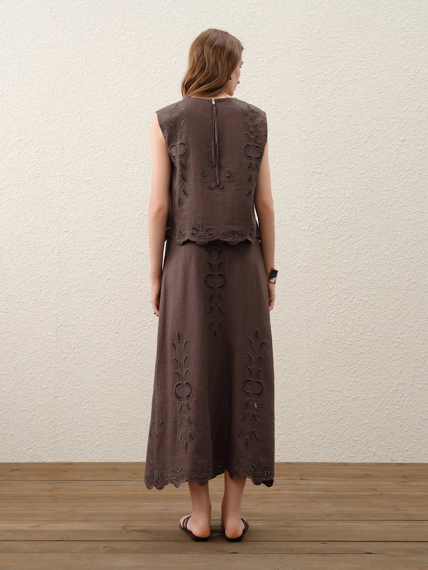 FSLE【Premium Series】Summer Women Linen Two Piece Set Cut-Out Embroidered Sleeveless Top Midi Skirt Boho Beach Vacation Style