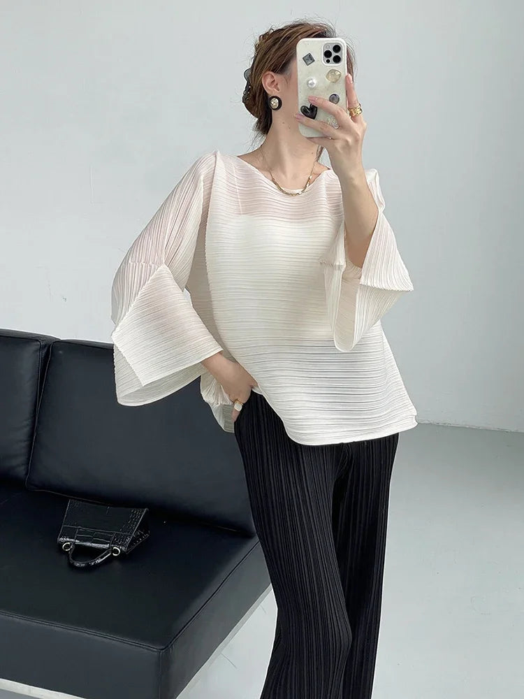 YUDX Pleated T-shirt For Women O-neck Flare Sleeves Solid Color Casual Tops Versatile Summer New Clothing