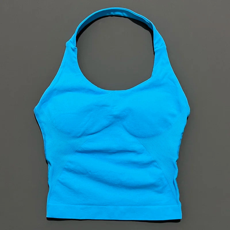 HISTELLO Impact Halter Top Seamless Longline Strappy Gym Tank Top Women Yoga Clothing Workout Fitness Sportswear Pilates Vest