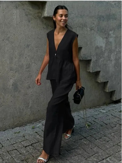 2 pieces women sets 2026 Cotton V-neck sleeveless top vest+long pants new solid color two-piece sets women's clothing