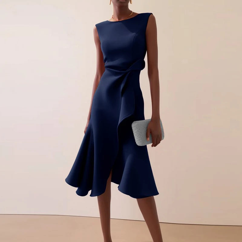 Vestidos Women Elegant O Neck Solid Commute Dress Spring Knot Slim Ruffle Irregular Dress Summer Sleeveless A-Line Party Dresses