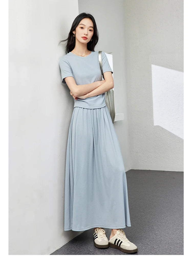 VIMLY Summer Sporty Casual Set Soft Air Cotton Short Sleeve Top Elastic Waist Loose Skirt Two Piece Solid Women Set Skirt M7669